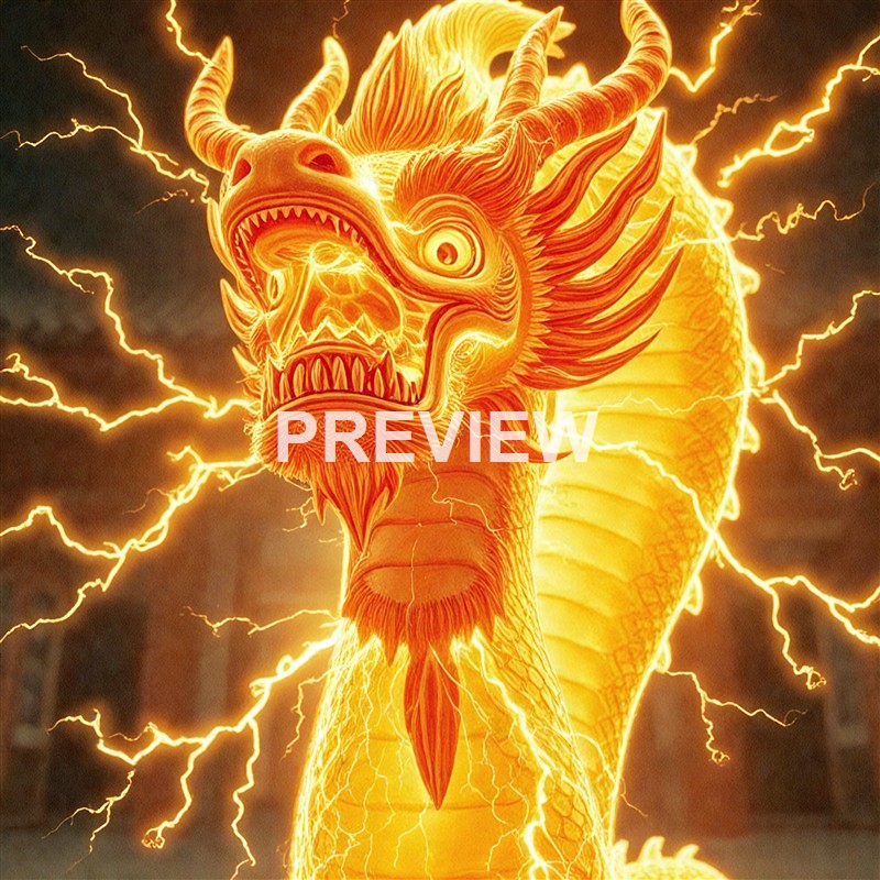 A fierce, glowing dragon head with sharp teeth and horns, surrounded by lightning, appears to be made of fiery energy.
